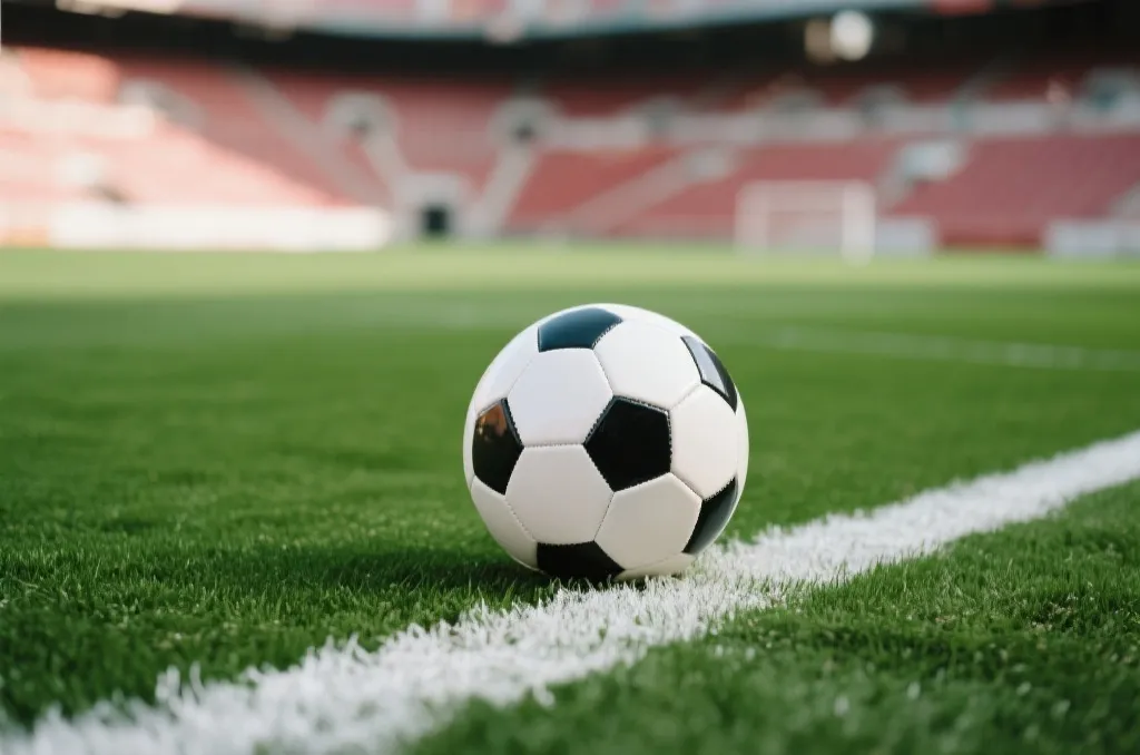 A close-up of a soccer ball resting on the white chalk line of a lush green football pitch, blurred stadium background