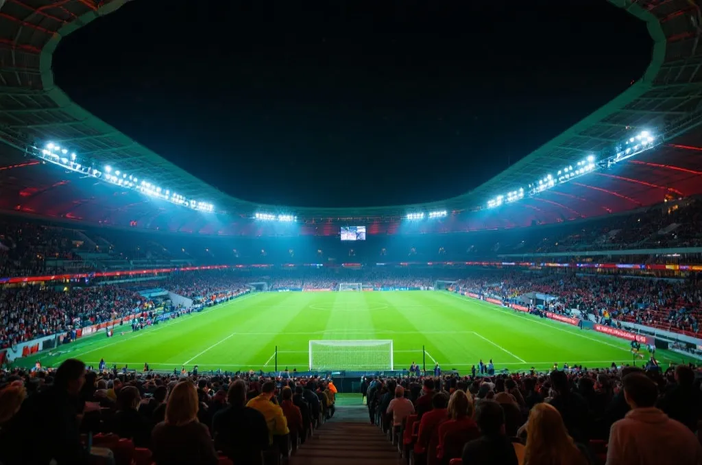 Wide angle atmospheric shot of a crowded modern football stadium at night under bright floodlights