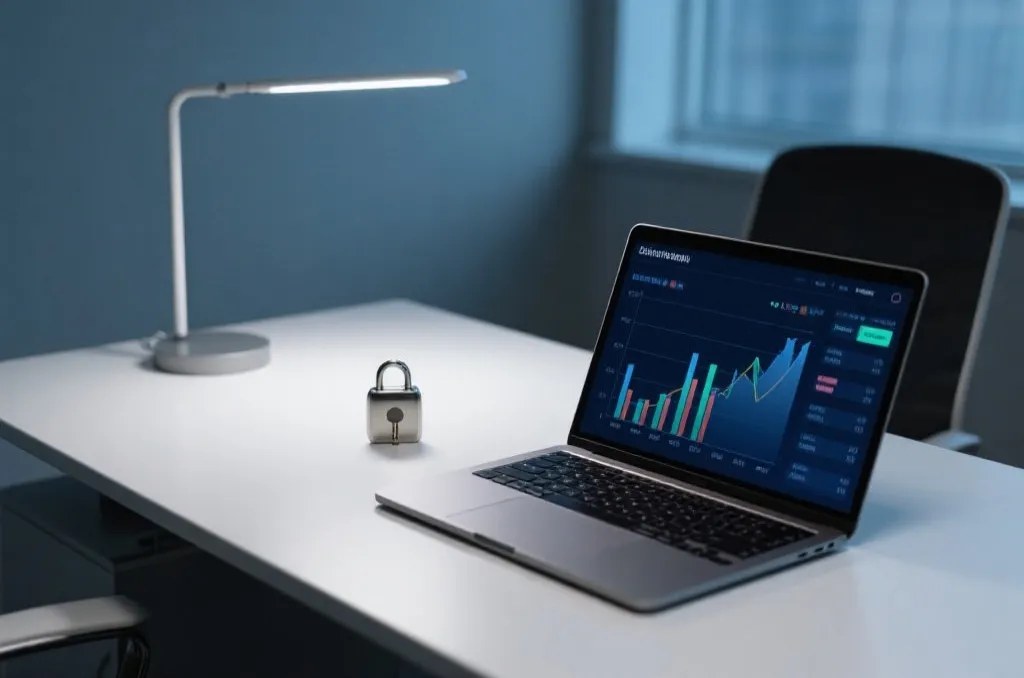 A clean modern office desk with a laptop displaying financial charts and secure hardware key