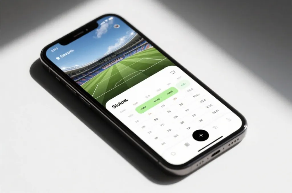 A modern smartphone displaying a soccer stadium graphic and a dynamic match schedule interface