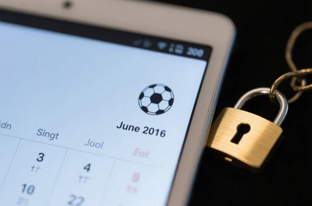 A close-up of a digital calendar with a soccer ball icon, alongside a golden key representing security