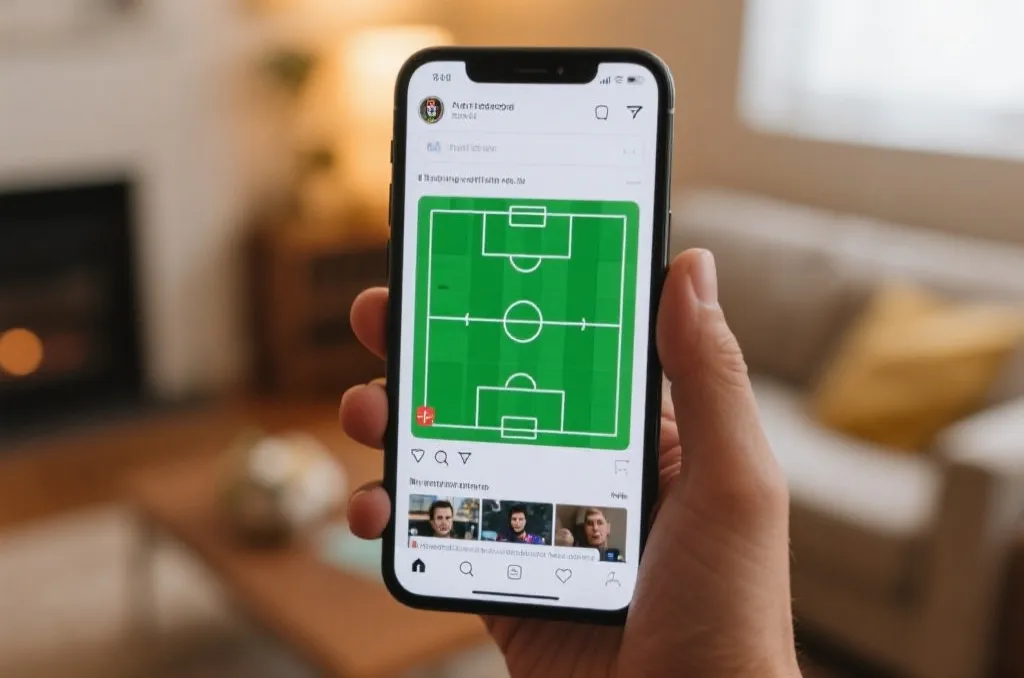 A close-up of a smartphone screen displaying a football tactical board and stream, with a blurred background of a cozy living room