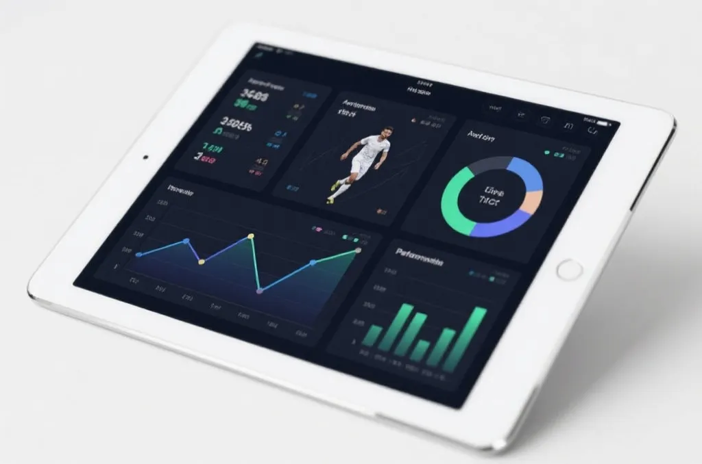 A clean digital sports analytics dashboard on a tablet showing generic soccer player statistics and goal charts
